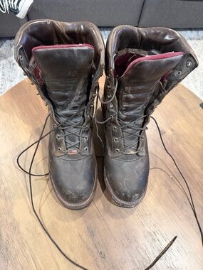Made in USA Chippewa Brown Leather Lace-Up Work Boots with Red Lining